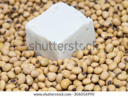 Source of Vegetarian protein : Tofu on soybeans background