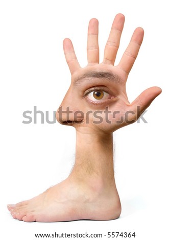 Very ugly face and comical create with the hand with an eye, an ear, the nose, the mouth and a foot
