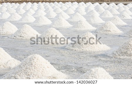 Pile of salt in the salt pan at rural area of Thailand.