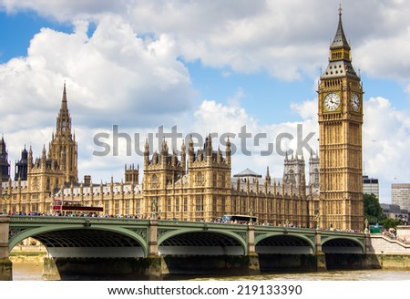 view of London with the Big Ben, the clock tower, and Westminster