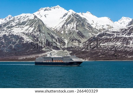 GLACIER BAY,ALASKA USA-CIRCA 2013: Holland America Line, cruise ship, cruising  in Glacier Bay National Park.