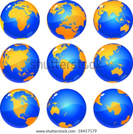 Vector Blue And Orange Globes Glossy And Metalic, Showing Nine Views Of ...