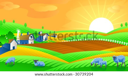 Vector Illustration Of Sunrise Over Rural, Farm Landscape - 30739204 ...