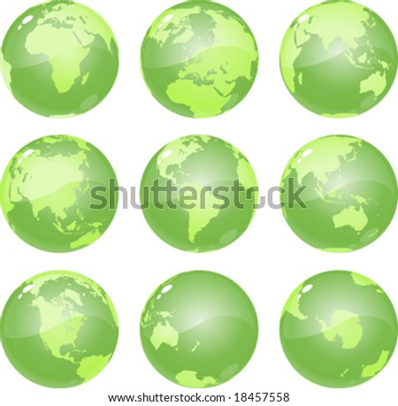 vector green globes glossy and metalic, showing nine views of planet earth, including all continents