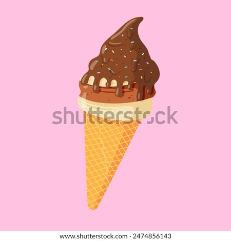 Delicious soft serve chocolate ice cream in crispy cone isolated on white