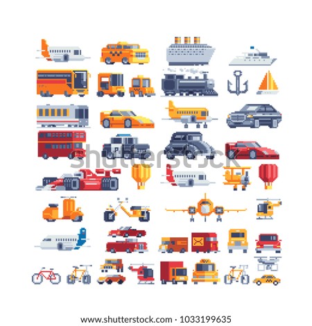 Transport pixel art icons set airplane truck taxi sports car motorcycle truck ship isolated vector illustration design for stickers, embroidery, mobile app. Logo transport company. 8-bit. Game assets.