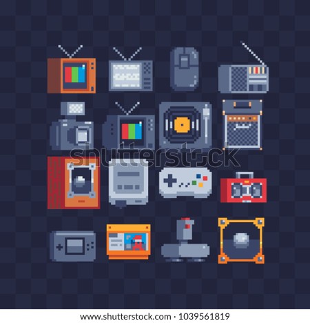 Pixel art flat icons set. Retro technology, computer, joystick, old tv, cassette, tape recorder. Retro style 80s. Accessories for consoles. Design music app. Game assets. Isolated vector illustrations