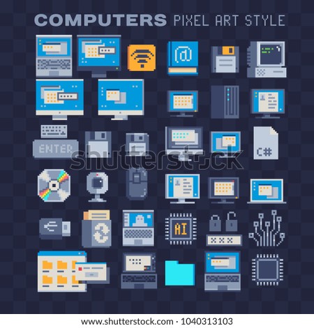 Computer modern technologies pixel art icons set. Neural network, CPU, programming and server. Digital electronics. 8-bit sprite. Isolated vector illustration. Game assets.