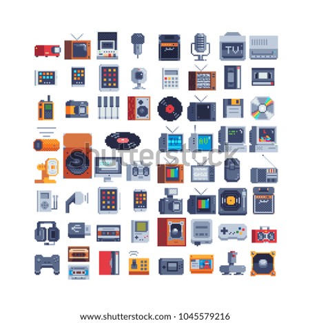 Retro technology items icons set, electronic devices pixel art 80s style. Gamepad icon. Old PS, TV. Design for sticker, music application. Video game assets. Isolated vector illustration.