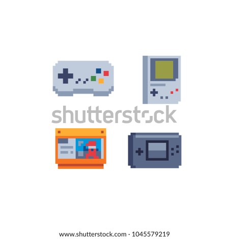 Retro technology pixel art icons set. Gamepad icon, tetris, joystick, cassette, controller. Retro style 80s. Accessories for consoles. Design sticker, apps. Game assets. Isolated vector illustration.