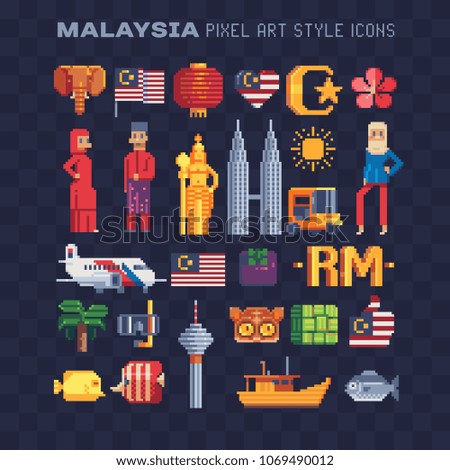 Travel to Malaysia, famous landmarks. Set of architecture, fashion, people in national dress, item, monument. Traditional elements. Isolated vector pixel art illustration. Design stickers, logo.