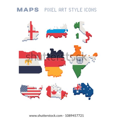 Set of map of different countries with flags, Russia, India, Germany, Egypt, USA, Italy, Canada, Australia, pixel art icon, isolated vector illustration. 8-bit. Design for stickers, app, magnet.