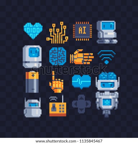 Information Technology pixel art icons set. Artificial intelligence, micro circuit and robot android. Chat bot.  Central processing unit. Isolated vector illustration. Design for stickers, logo, app.