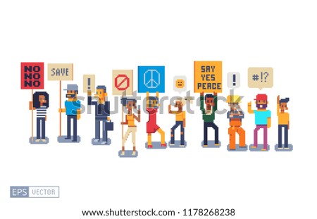 Crowd of protesting people characters with banners. Voting at demonstration. Political meeting and people protest. Group protester isolated pixel art vector illustration. Women's rights and feminism.