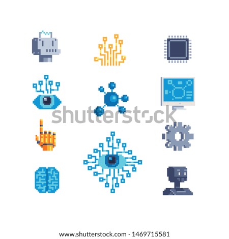 Artificial neuron network, pixel art icons set. Artificial Intelligence. Android, robot, neural networks. Design for logo, stickers, web, mobile app. Isolated vector illustration.