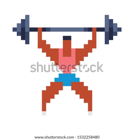 Athlete pixel art icon, man holds barbell isolated vector illustration, design for logo, sticker, mobile app. Game assets 8-bit sprite.