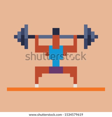 Man holds barbell, athlete pixel art icon, workout, isolated vector illustration, design for logo, sticker, mobile app. Game assets 8-bit sprite.