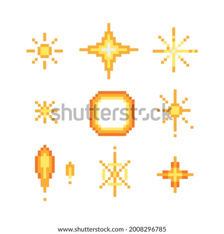 Pixel art abstract icons set. Fx light effects. Fireworks. Light symbols. Electric lightning bolt. Energy effect. Bright light flare and sparks Isolated vector illustration. 