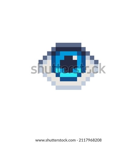 Eye icon. Blue color. Pixel art style. Design application. 8-bit. Video game sprite. Game assets. Isolated abstract vector illustration. 