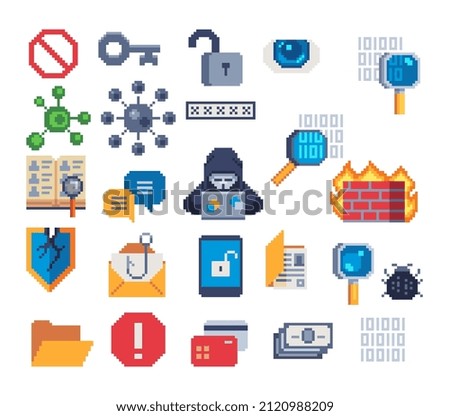 Pixel art icons set. Hacker man character with laptop, internet, code, bug, key. E-mail spam viruses bank account hacking. Internet crime concept. Online scam and steal.