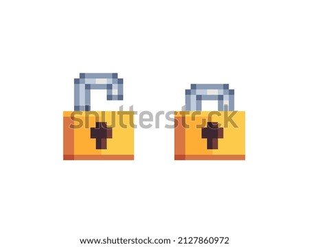 Golden lock sticker, pixel art icon, design for logo, web, mobile app, badges and patches. Isolated on white background vector illustration. Game assets 8-bit sprite.