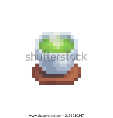 Teacup Without Handle. Cup for with matcha or green tea icon. Pixel art. Isolated vector illustration. Retro video game sprite.  Old school computer graphic style.