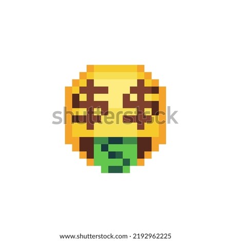 Money-mouth face. Smiling emoticon, emoji, smiley. Pixel art style. Funny cartoon character. Web icon. Facial expression. 8-bit style. Isolated abstract vector illustration.