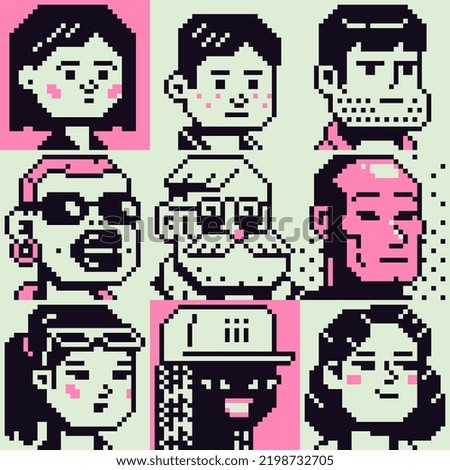 Pixel art different avatar profile characters set. 80s video game sprites. Various people characters, girls and men. Male and female faces, user pic. Isolated vector illustration. Sticker design.