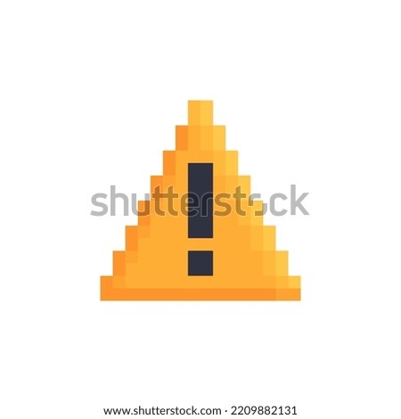 Attention, warning sign, exclamation mark pixel art icon. Stop sign, cartoon style, isolated vector illustration. Design for stickers, logo, web and mobile app.
