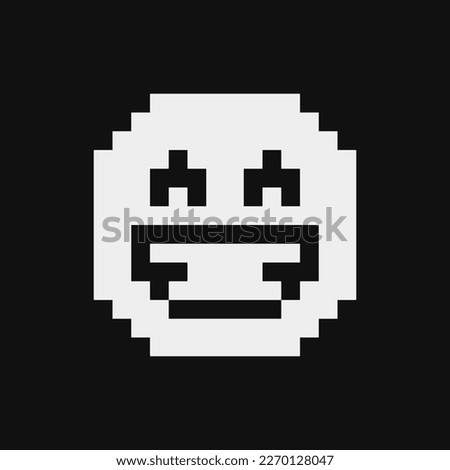 Beaming face with smiling eyes, smiling emoticon, emoji, smiley. Pixel art style. Funny cartoon character. Web icon. Facial expression. 1-bit style. Isolated abstract vector