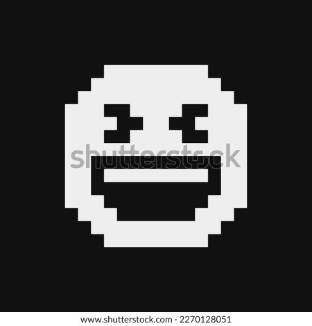Grinning squinting face, smiling emoticon, emoji, smiley. Pixel art style. Funny cartoon character. Web icon. Facial expression. 1-bit style. Isolated abstract vector.