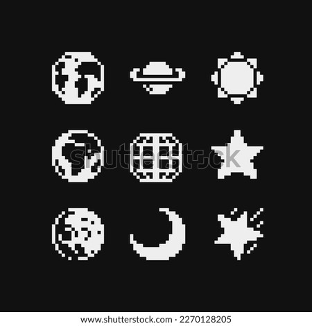 Planets pixel art set. 80s video game sprites. Solar system objects, star and moon, flat style. Various space planets, Sci-fi, fantastic world vector icons. Cosmic collection for game design. 