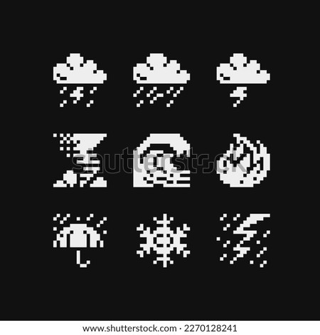 Weather element symbols web icons pixel art set. Contains such icon as rain, clouds, drizzle, wind, snow, night, thunderstorm and fire. Design for mobile app, sticker, logo. Isolated vector. 1-bit.