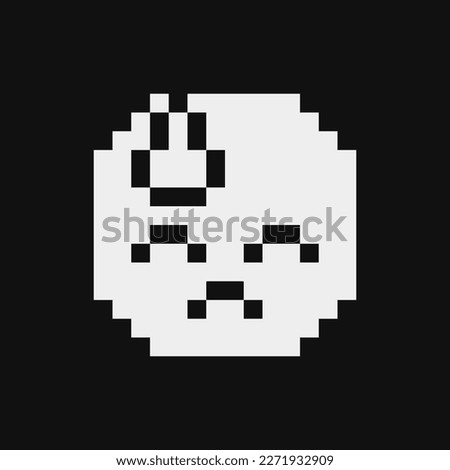 Downcast face with sweat.  Pixel art style. Funny cartoon character. Web icon. Facial expression. 1-bit style. Isolated abstract vector.