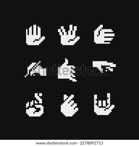 Hand set, pixel art icons, heart gesture, hand with fingers splayed. Sign of the horns. Video game sprite 1-bit. Isolated vector illustration. Design for stickers, logo, embroidery, mobile app.