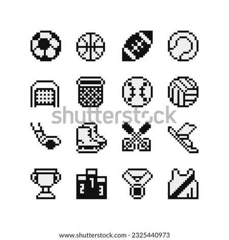 Sport icons set pixel art style, emoji. Achievement logo. 1-bit sprite. Design for logo game, sticker, web, mobile app, badges and patches. Isolated vector illustration. Game assets.