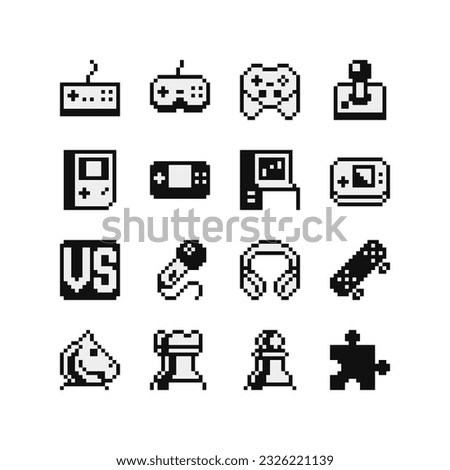 1 bit desk computer games sport toys icons. Design for logo game, sticker, web, mobile app, badges and patches. Isolated pixel art vector illustration. Game assets.