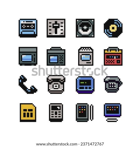 Retro devices pixel art icon old set school 80s flat style, radio, CD player, TV, radio, handset, tablet, speaker. Game assets 8-bit sprite, sticker, mobile app and logo. Isolated vector illustration.