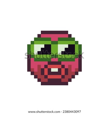 Face in glasses pixel art icon, emoticon head cartoon character red smiley. 8-bit style. Show language emotion. Flat style. Isolated abstract vector illustration.
