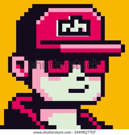Avatar pixel 8-bit boy with cap, male character, guy cartoon vector icon, game user or web profile person, people, social net portrait, young man face, minimalistic fashion, vector illustration.