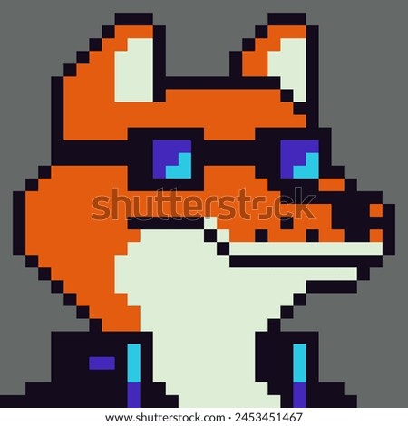 Pixel art fox, animal in glasses character 8-bit,  80-s, avatar, anthropomorphic face, NFT, cartoon vector icon, game user, web profile persons, people, social net portrait. Non-fungible token.