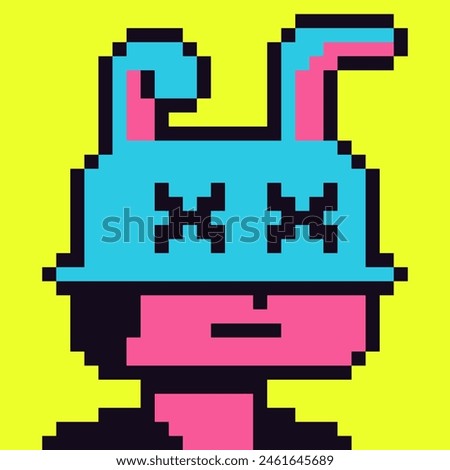 Pixel art funny man, hat with bunny ears, male character 8-bit, 80-s, avatar, guy face, cartoon vector icon, game user, web profile persons, people, social net portrait. 