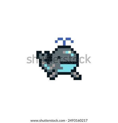 Spouting whale emoji, pixel art icon grampus isolated vector illustration. Game assets 1-bit sprite. Design stickers, logo, mobile app, embroidery.