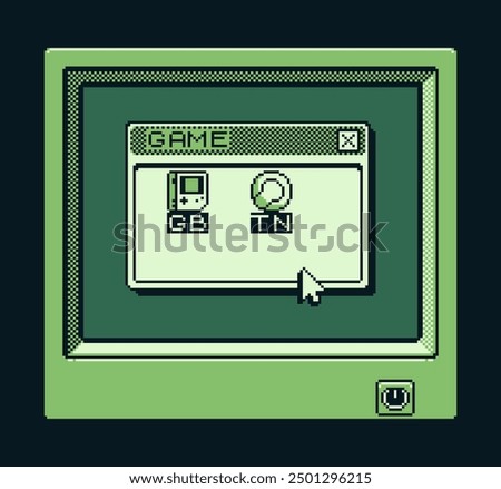 Game boy interface, folders, window pixel art design, play, retro 80s console gaming app, video game, flat style, old school computer graphic design, 8-bit sprite, game assets, vector illustration.