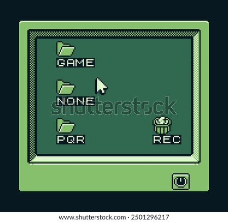 Folders window pixel art design, play, retro 80s console gaming app, game boy interface, video game, flat style, old school computer graphic design, 8-bit sprite, game assets, vector illustration.