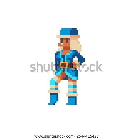 Snow Maiden character. Pixel art. Greeting card or invitation design element. Happy New Year. Sticker design. Isolated vector illustration. 