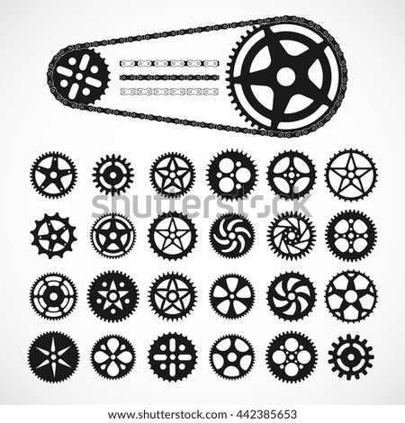 Gears and bicycle chain icons, black vector graphics shapes silhouettes, isolated on white background. Design for stickers, logo, web and mobile app. 
