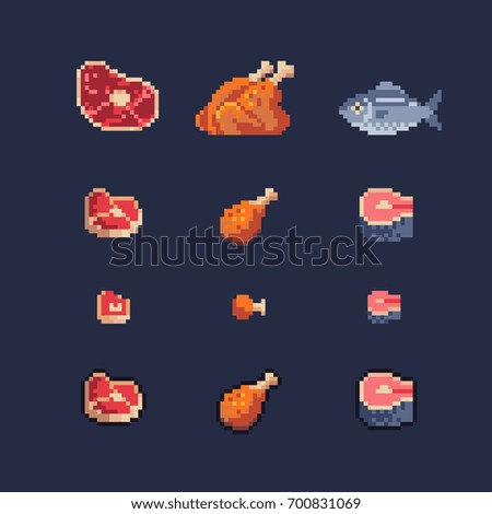 meat, chicken and fish pixel art icons set, vector illustration.