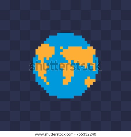 Knitted Earth. Web site icon. Sticker design. Video game sprite. Pixel art style.  8-bit. Isolated vector illustration.