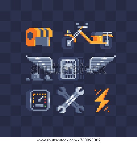 Pixel art style icons set. Speed, racer, wheel, speedometer, motorcycle, helmet and wrench. Stickers design. Isolated vector illustrator. 8-bit.